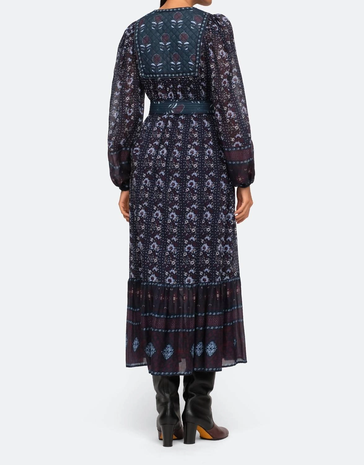 Nadine Border Long Sleeve Tiered Dress In Multi
