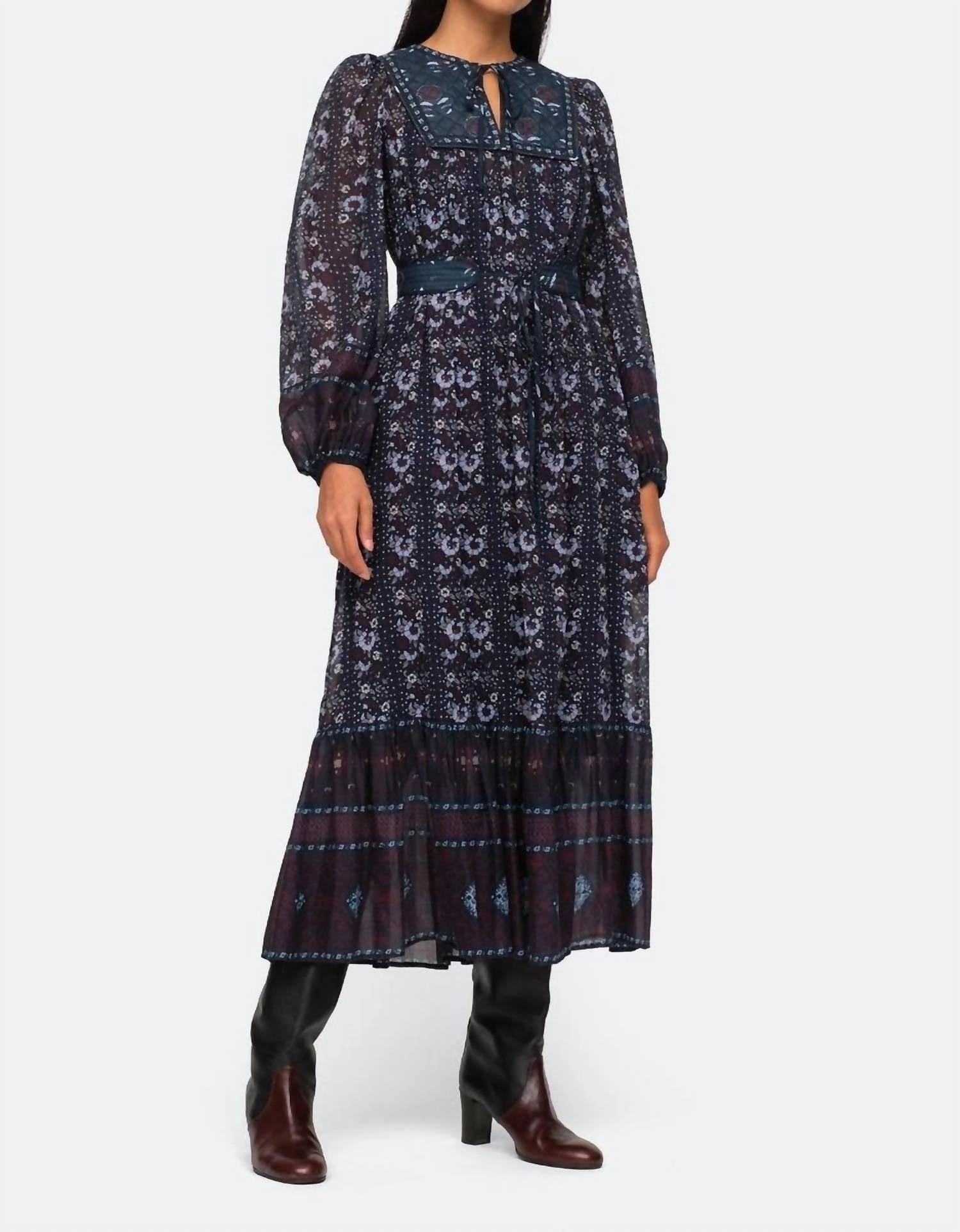 Nadine Border Long Sleeve Tiered Dress In Multi