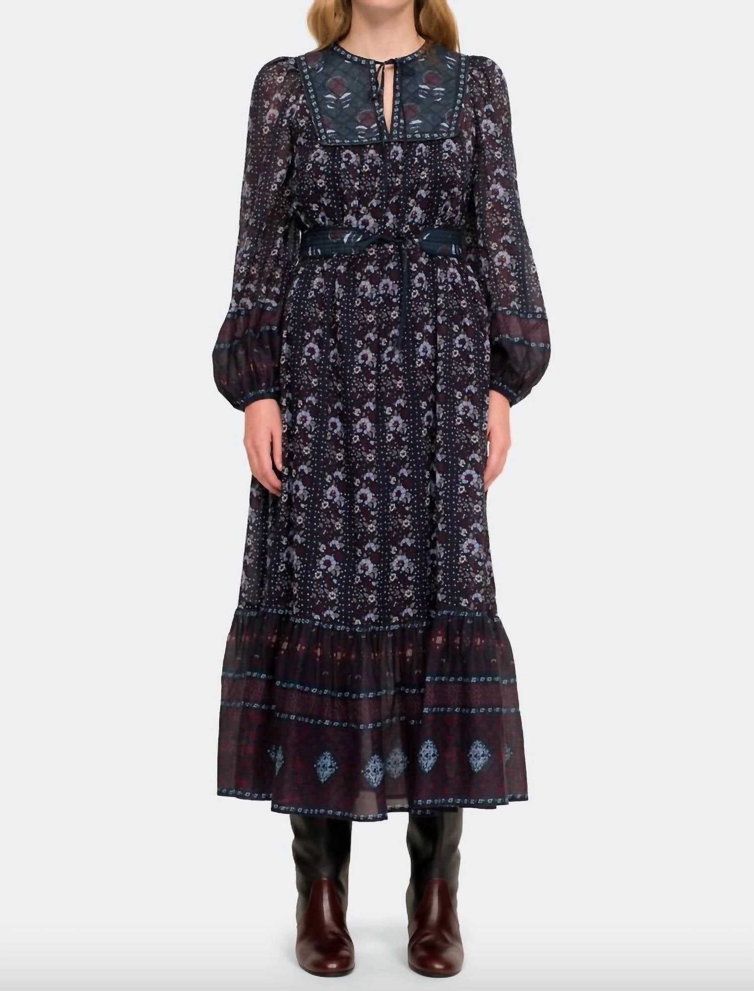 Nadine Border Long Sleeve Tiered Dress In Multi