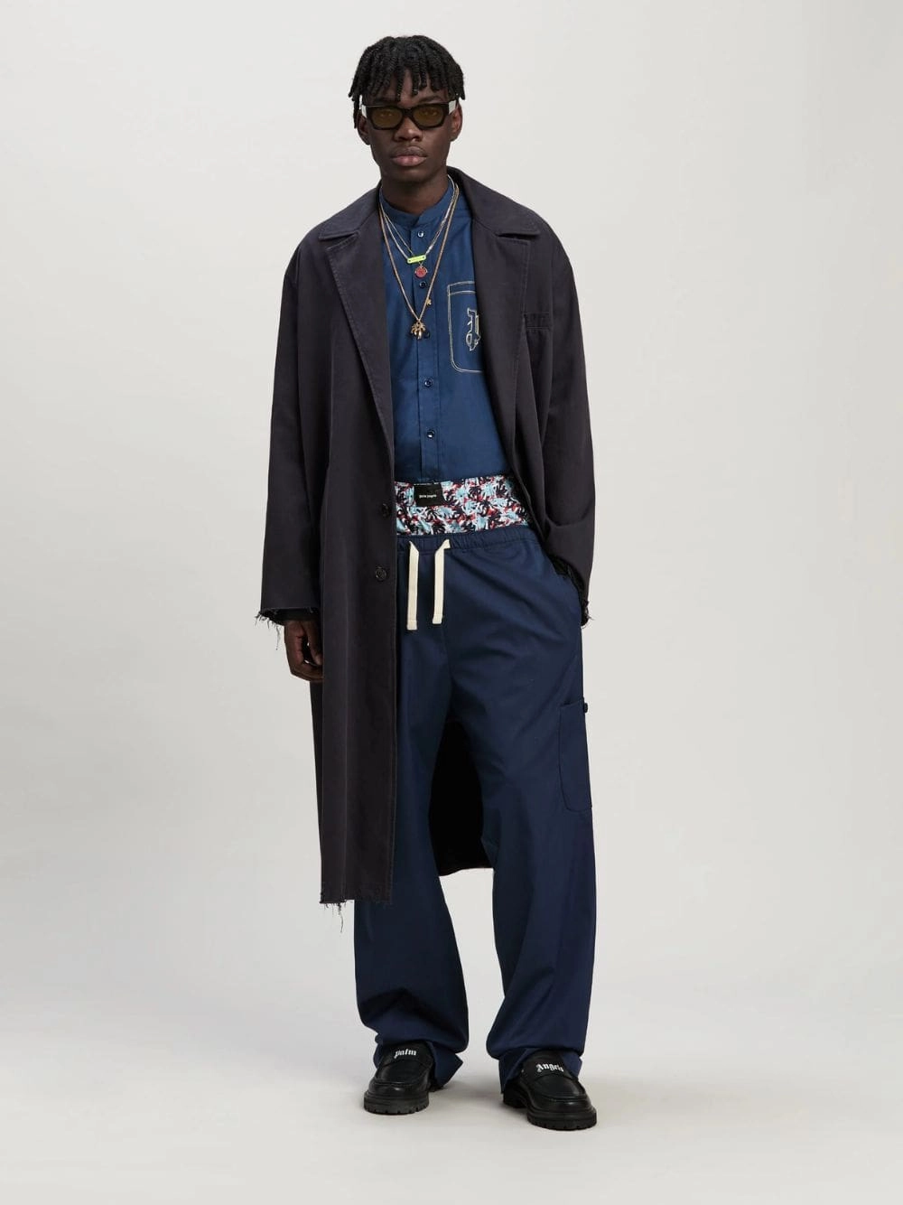Navy Blue Monogram Loose-Fit Utility Pants