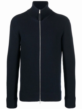 Navy Blue Ribbed Cardigan With High Neck designer sweaters outlet