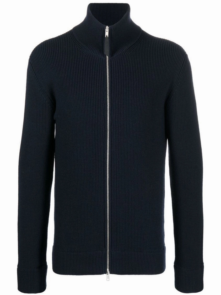 Navy Blue Ribbed Cardigan With High Neck designer sweaters outlet