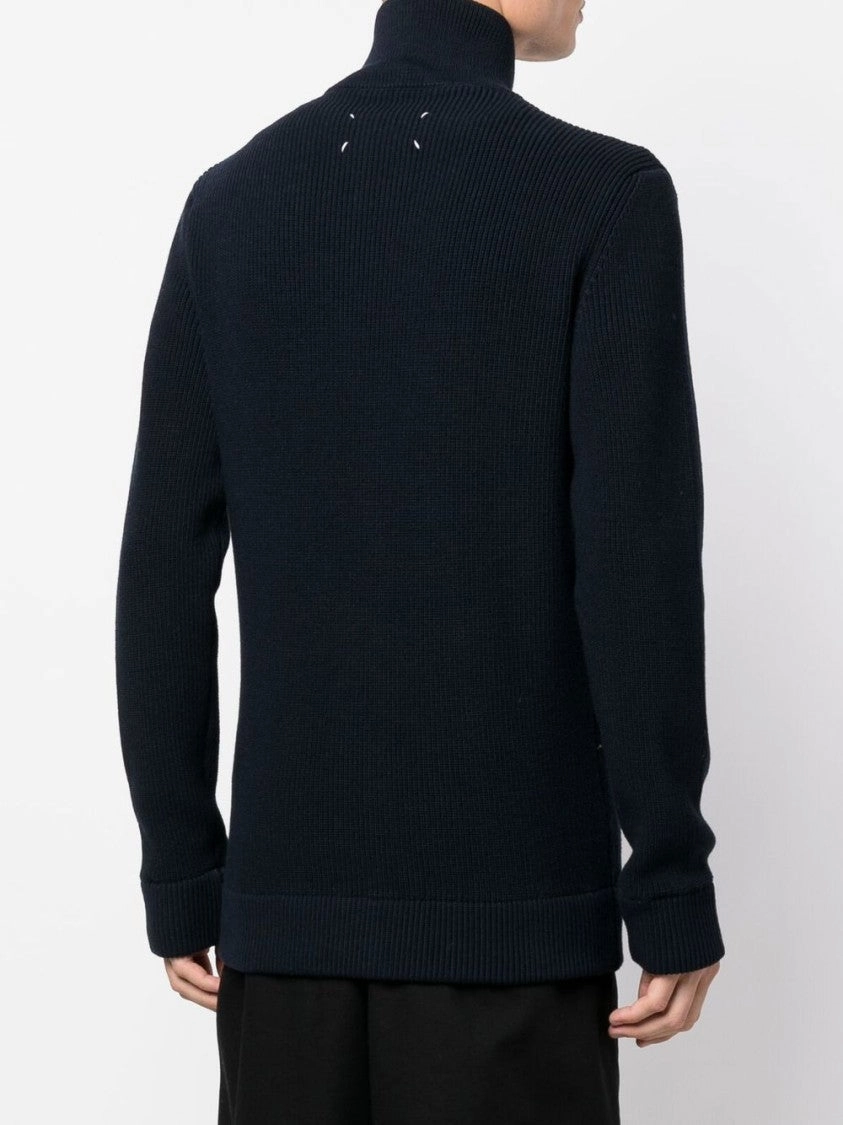 Navy Blue Ribbed Cardigan With High Neck