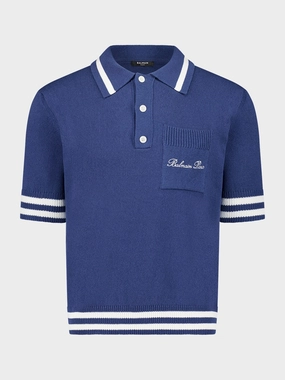Navy Blue Signature Embroidery Cotton Polo Shirt Tops Mens - men's t-shirts outlet