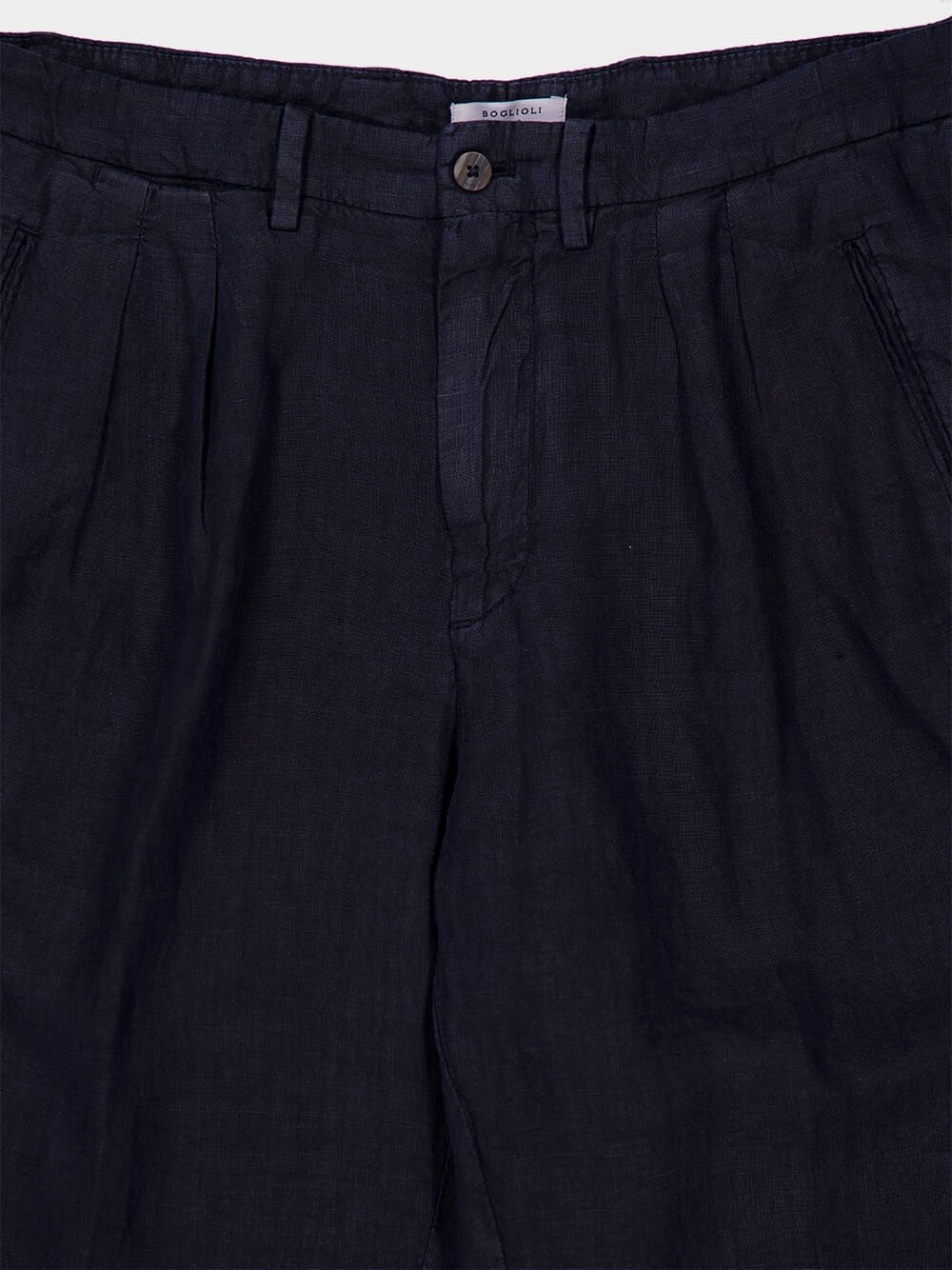 Navy Blue Straight-Fit Linen Trousers