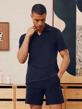 Navy Blue Terry Cotton Polo Tops Mens - men's t-shirts outlet
