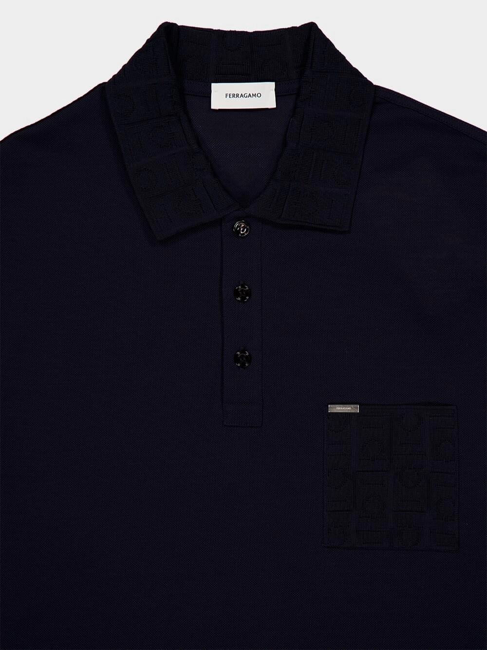 Navy Blue V-Neck Polo with Jacquard Detail