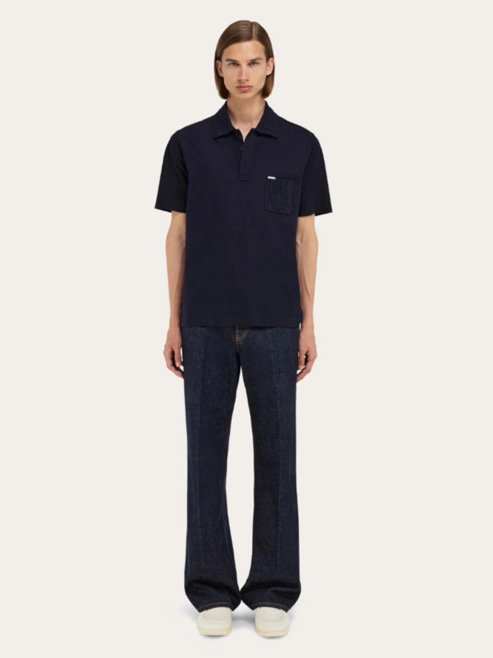 Navy Blue V-Neck Polo with Jacquard Detail
