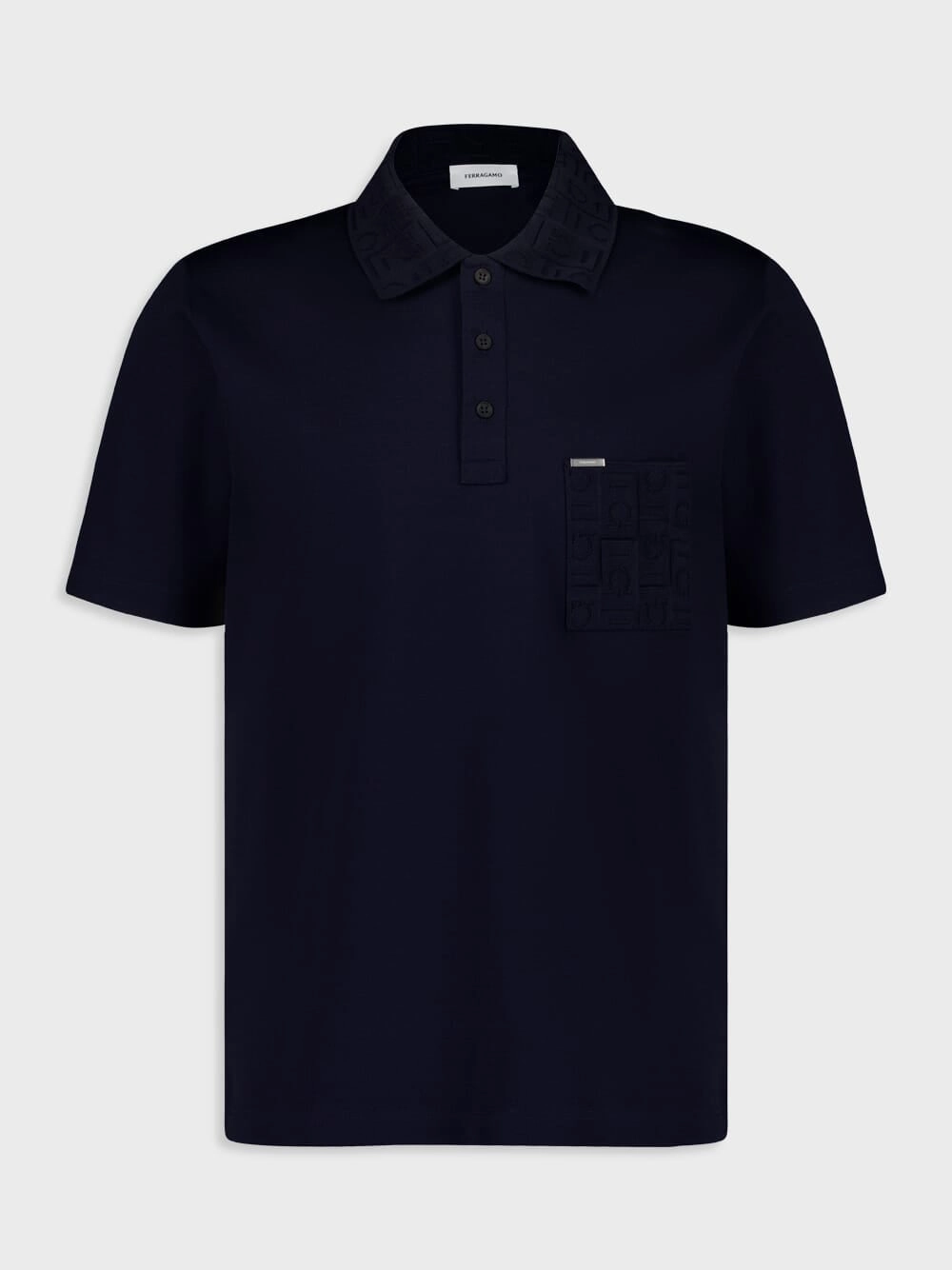 Navy Cotton Polo with Jacquard Pocket