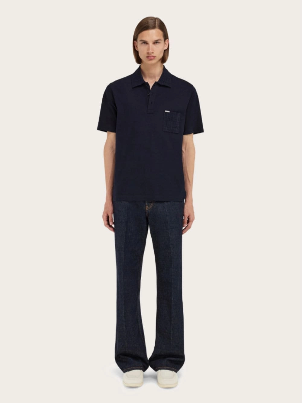 Navy Cotton Polo with Jacquard Pocket Tops Mens - men's t-shirts outlet