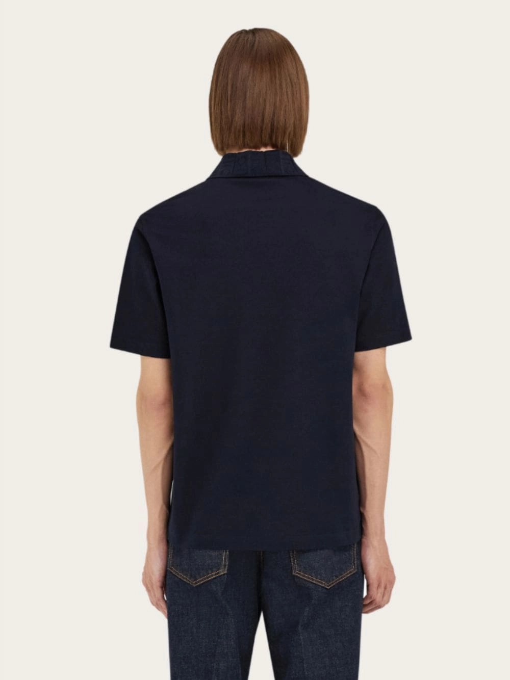 Navy Cotton Polo with Jacquard Pocket