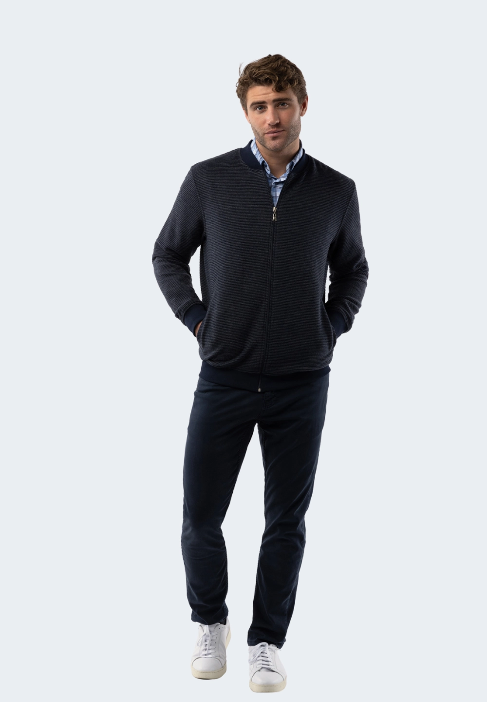 Navy Waffle Stripe Full Zip Knit chunky knit discount