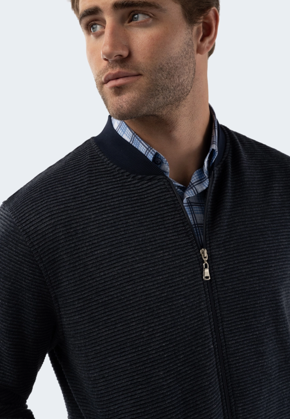 Navy Waffle Stripe Full Zip Knit
