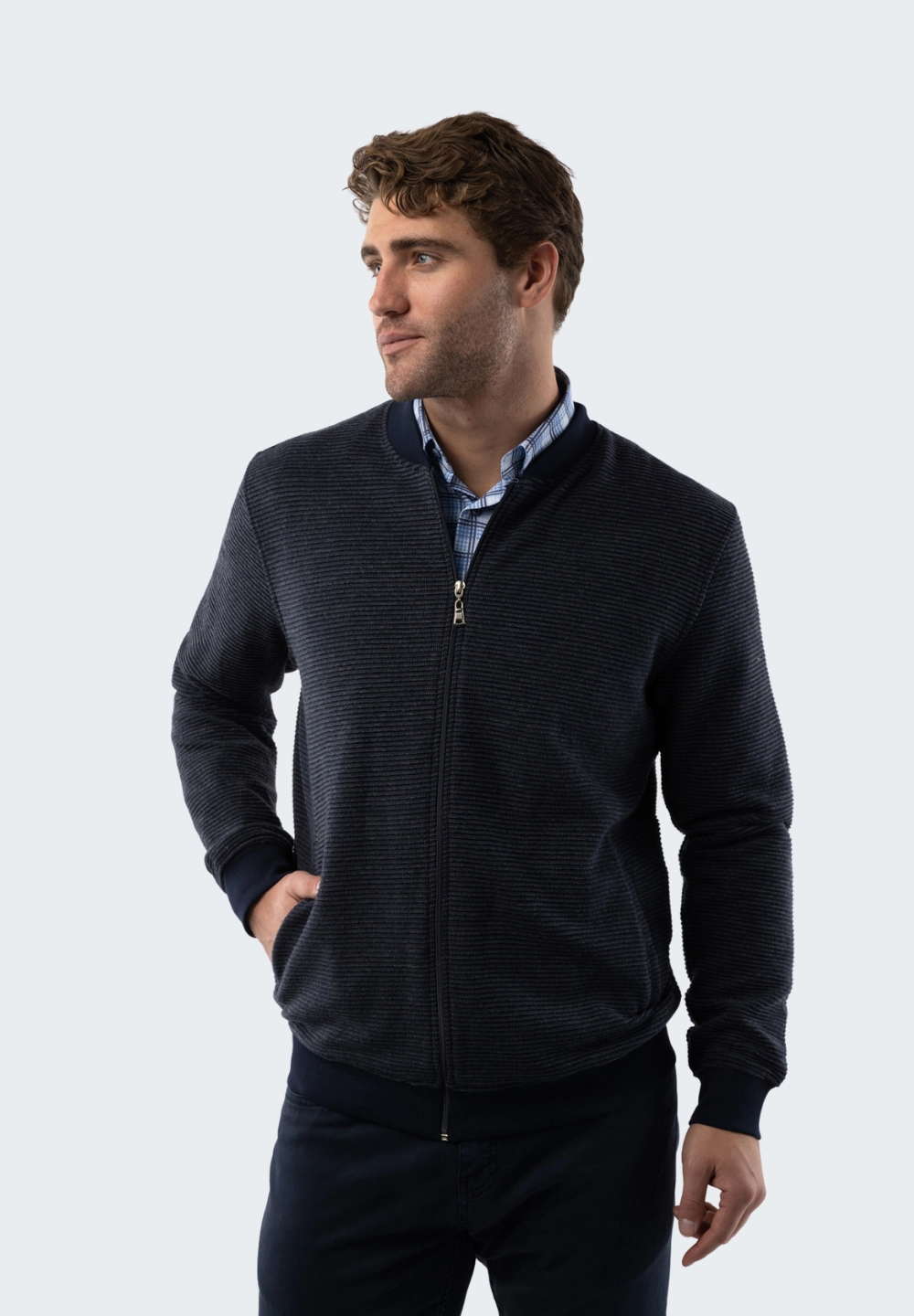 Navy Waffle Stripe Full Zip Knit