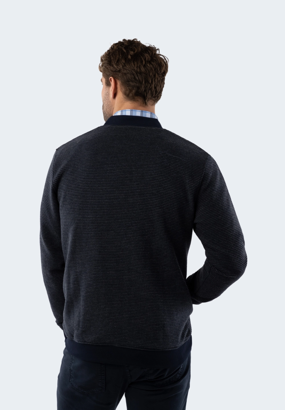 Navy Waffle Stripe Full Zip Knit