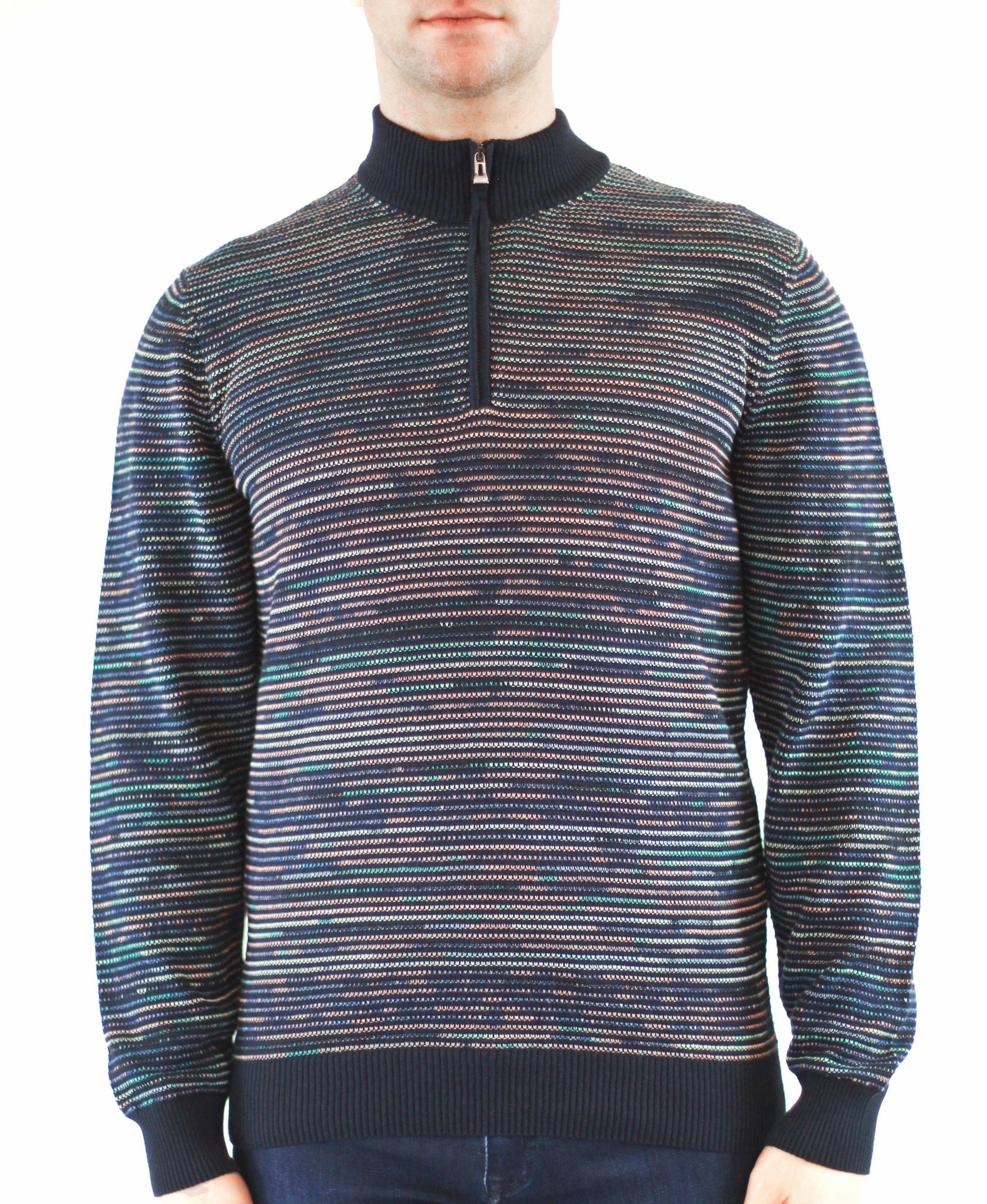 Navy with Peach Multicolor Stripes, 3/4 zip chunky knit discount