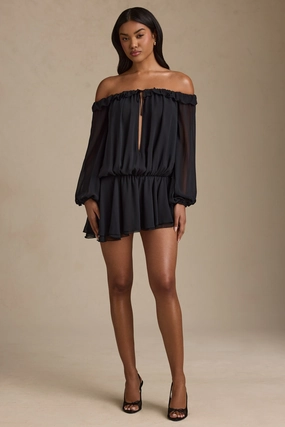 Off-Shoulder Asymmetric Balloon-Sleeve Mini Dress in Black Dresses - dresses on sale