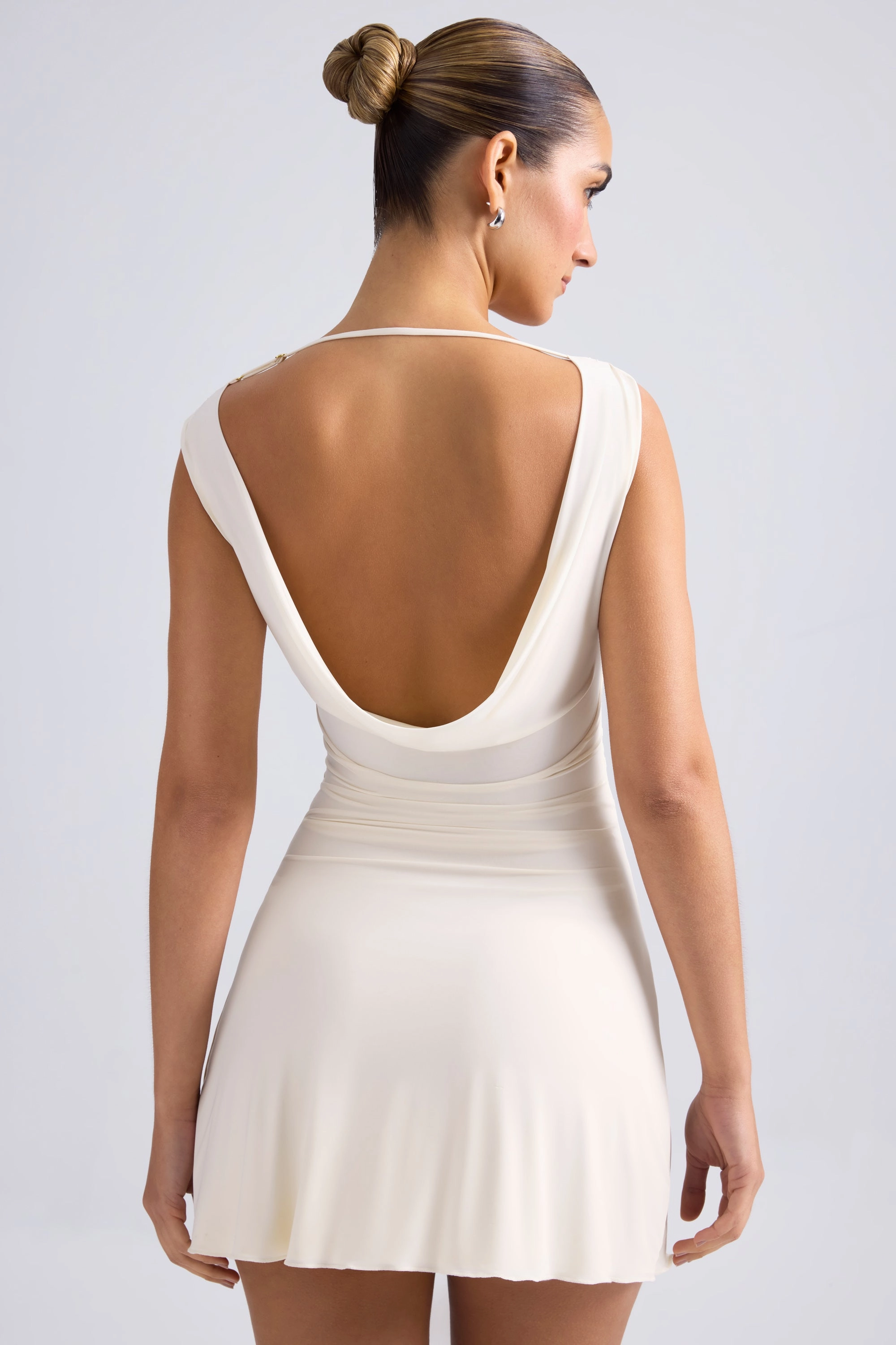Off-Shoulder Cowl-Back A-Line Mini Dress in Ivory