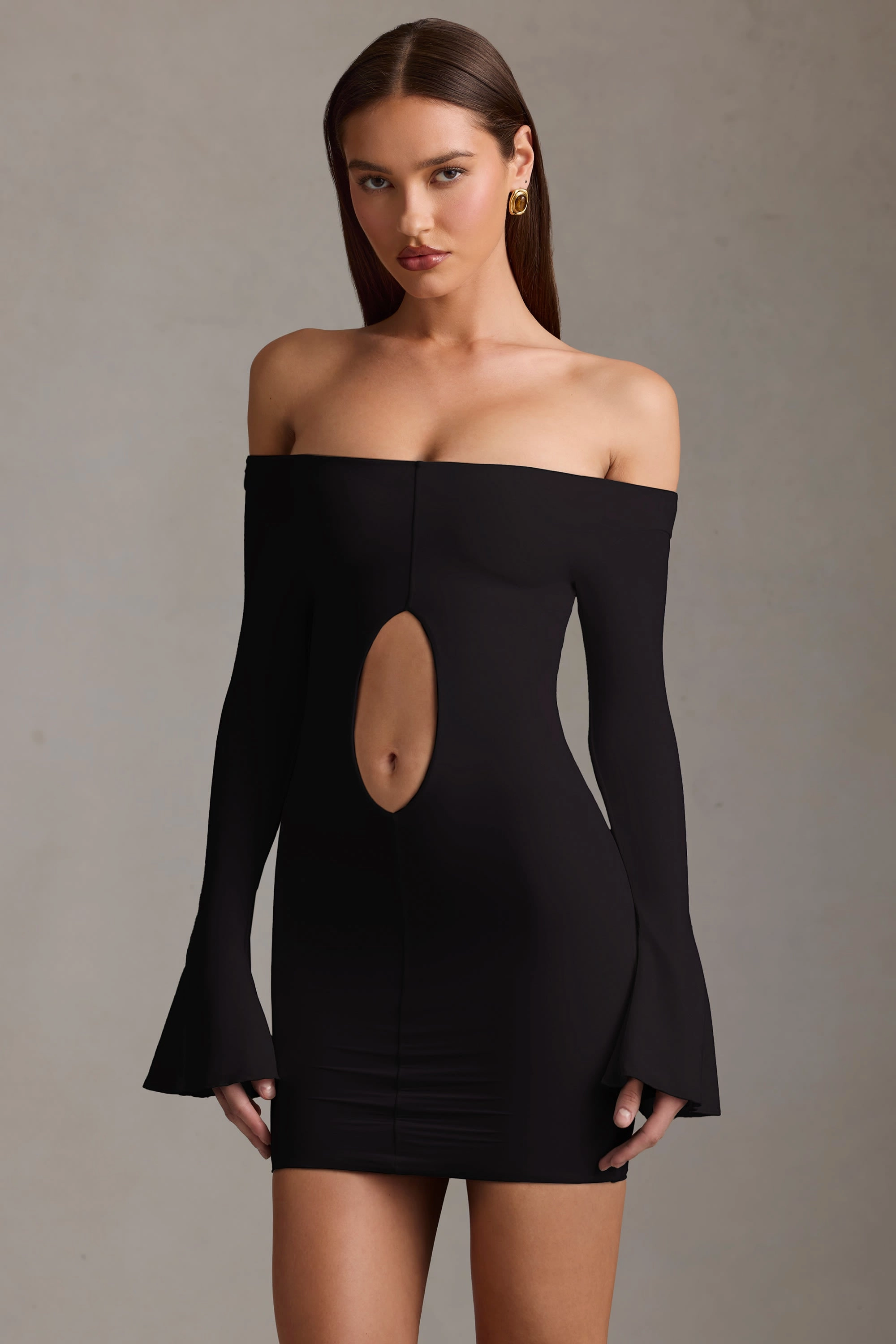 Off-Shoulder Cut-Out Mini Dress in Black