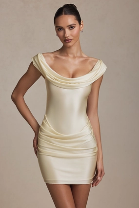 Off-Shoulder Draped Mini Dress in Ivory Dresses outlet online