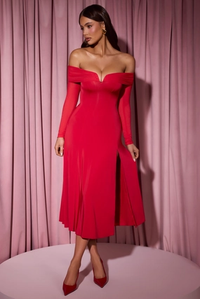 Off-Shoulder Lace-Up A-Line Midaxi Dress in Red shop for Dresses online