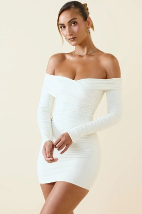 Off-Shoulder Ruched Bodycon Mini Dress in Vanilla Dresses outlet online