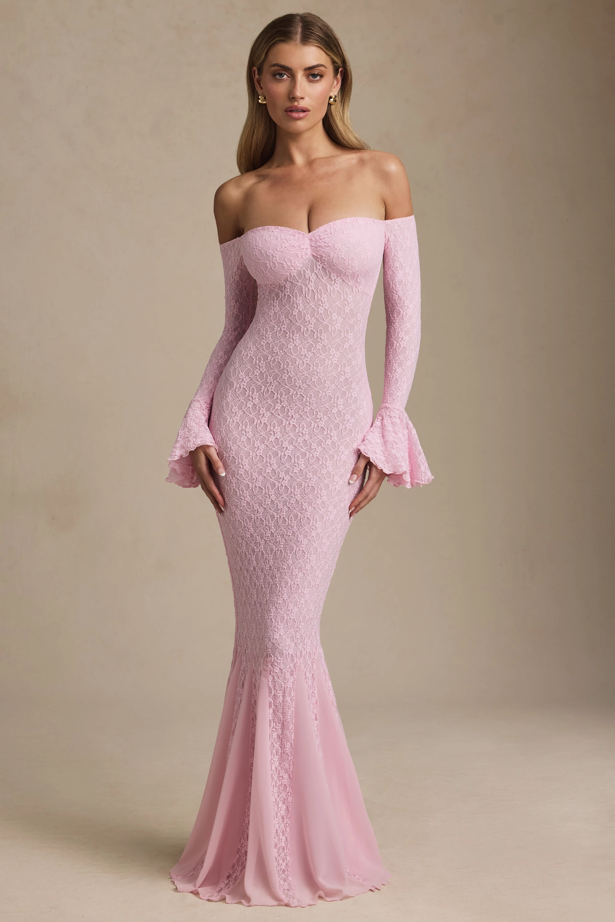 Off-Shoulder Ruffle Lace Maxi Dress in Soft Pink Dresses best price