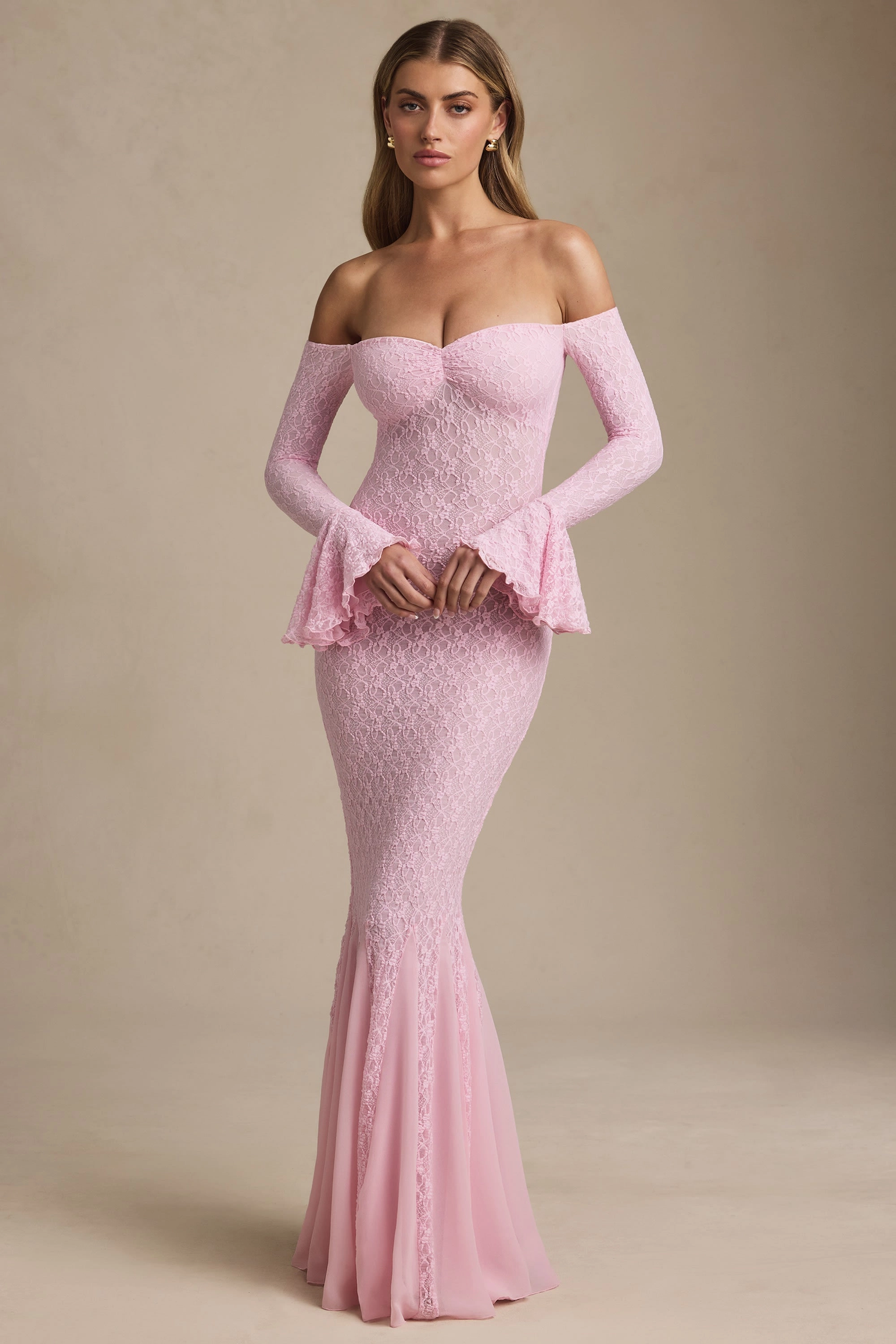 Off-Shoulder Ruffle Lace Maxi Dress in Soft Pink