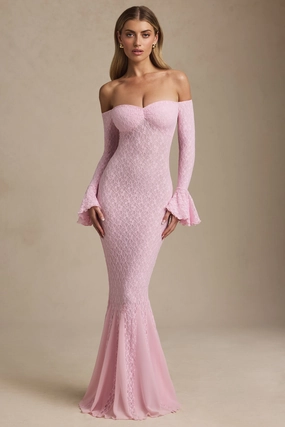 Off-Shoulder Ruffle Lace Maxi Dress in Soft Pink Dresses best price