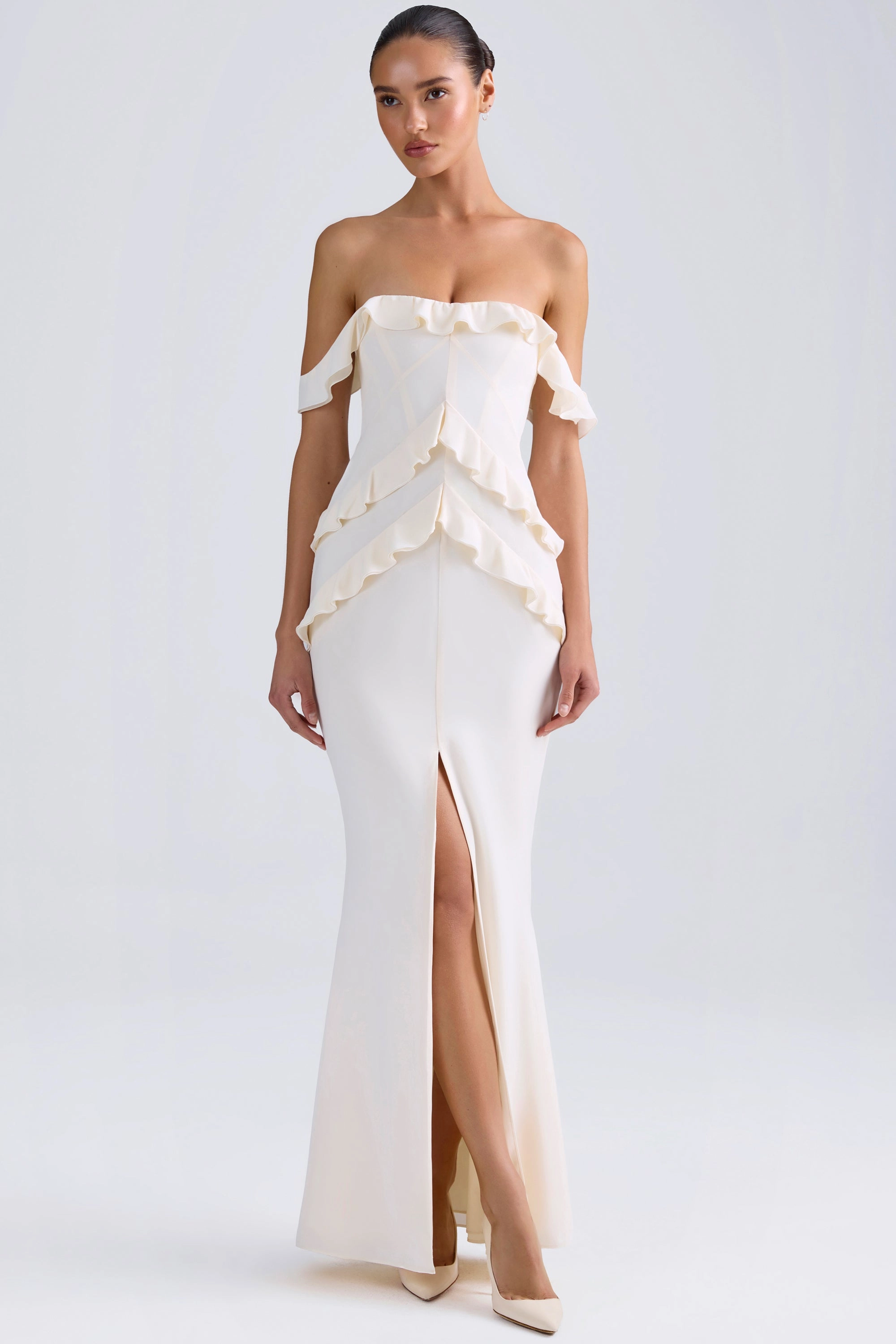 Off-Shoulder Ruffle-Trim Gown in Ivory Dresses - maxi dresses best price