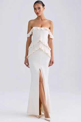 Off-Shoulder Ruffle-Trim Gown in Ivory Dresses - maxi dresses best price