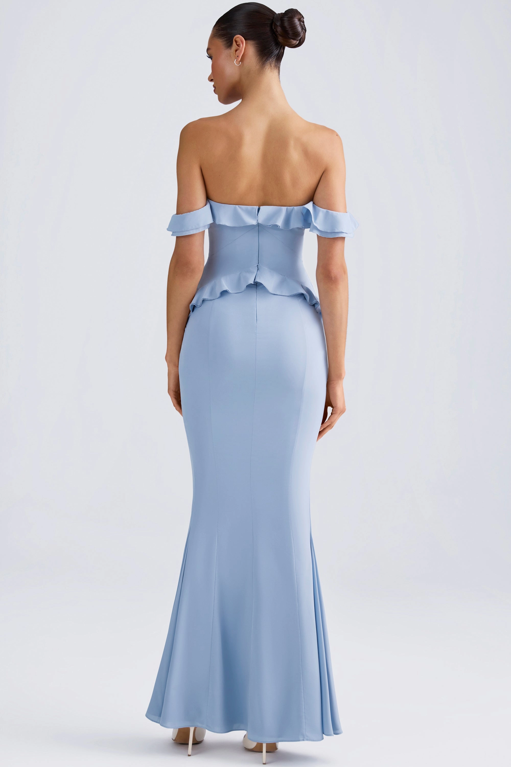 Off-Shoulder Ruffle-Trim Gown in Light Blue