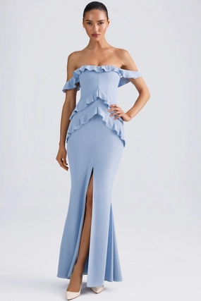 Off-Shoulder Ruffle-Trim Gown in Light Blue Dresses - maxi dresses best price