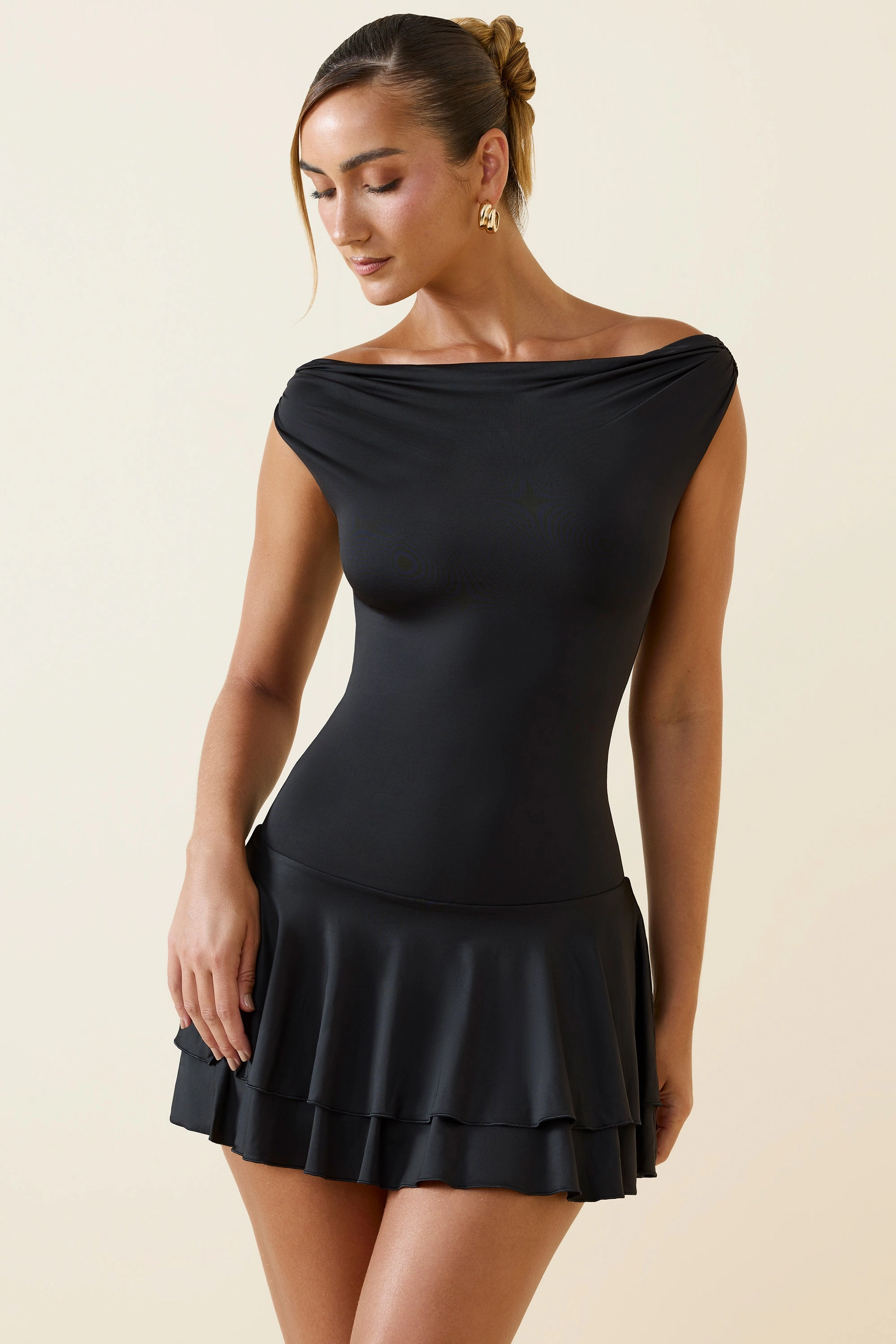 Off-Shoulder Ruffled Mini Dress in Black