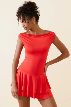 Off-Shoulder Ruffled Mini Dress in Scarlet shop for Dresses online