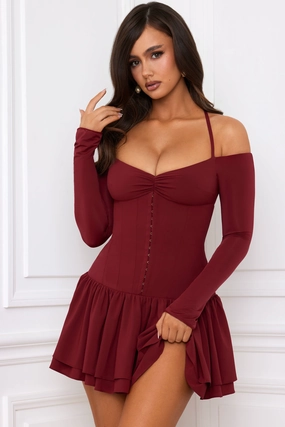 Off-Shoulder Tiered Corset Mini Dress in Berry Red shop for Dresses online