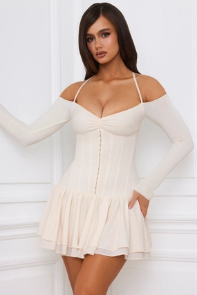 Off-Shoulder Tiered Corset Mini Dress in Ivory Dresses outlet online