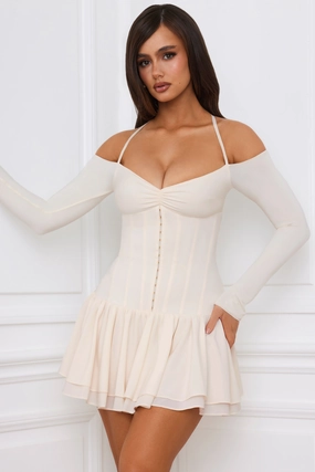 Off-Shoulder Tiered Corset Mini Dress in Ivory Dresses - party dresses cheap