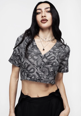 Ophidia Snakes Print Button Down Crop Top - Grey Tops Womens - women's blouses clearance