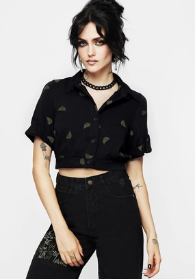 Osmunda Fern Embroidered Short Sleeve Crop Shirt Tops Womens - women's blouses clearance