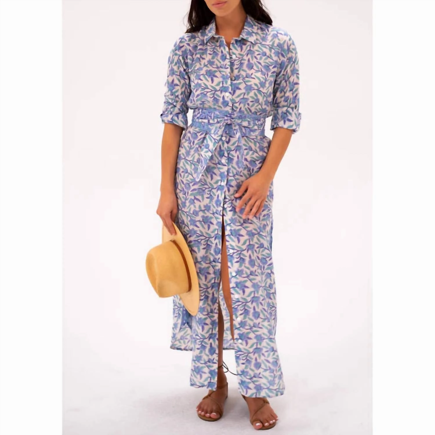Oversized Maxi Shirt Dress In Blue/green Floral