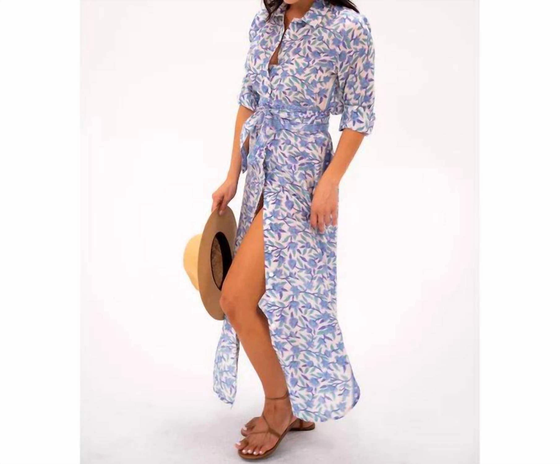 Oversized Maxi Shirt Dress In Blue/green Floral