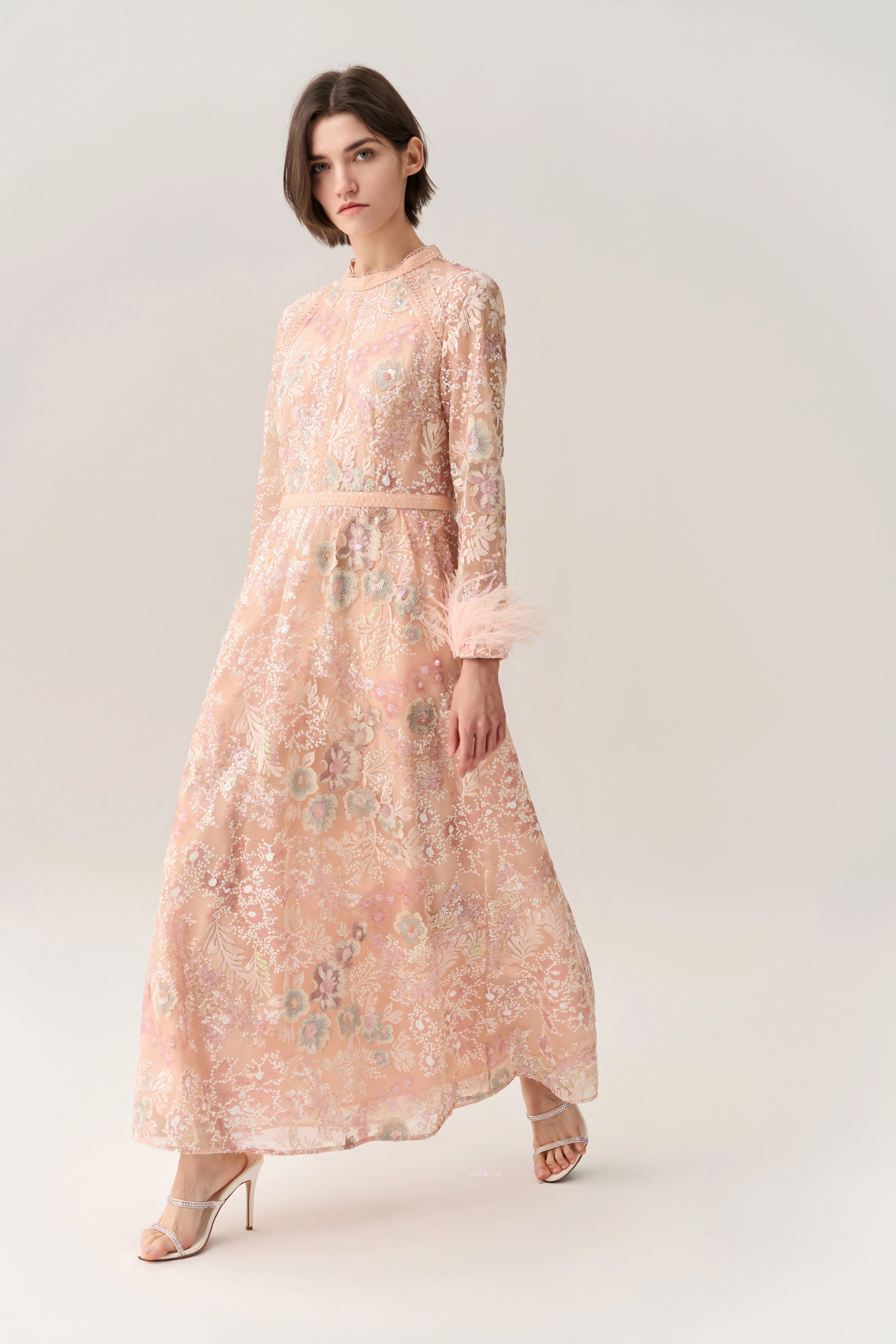 Paneled Feather-trim Embroidery Sequin-detail Dress