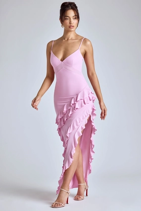 Panelled Ruffle Evening Gown in Baby Pink Dresses best price