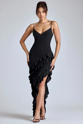 Panelled Ruffle Evening Gown in Black Dresses - maxi dresses best price