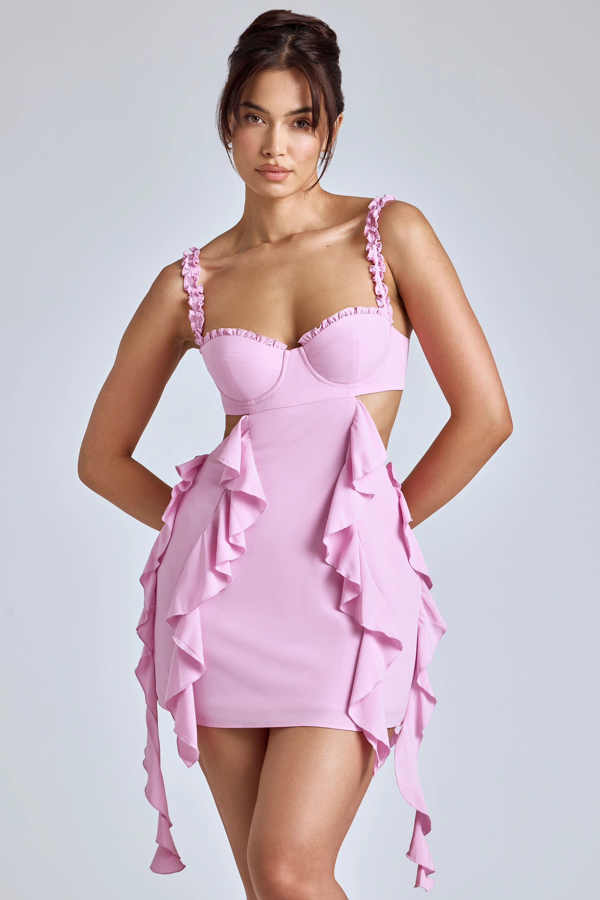 Panelled Ruffle Mini Dress in Baby Pink Dresses best price