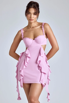 Panelled Ruffle Mini Dress in Baby Pink Dresses best price