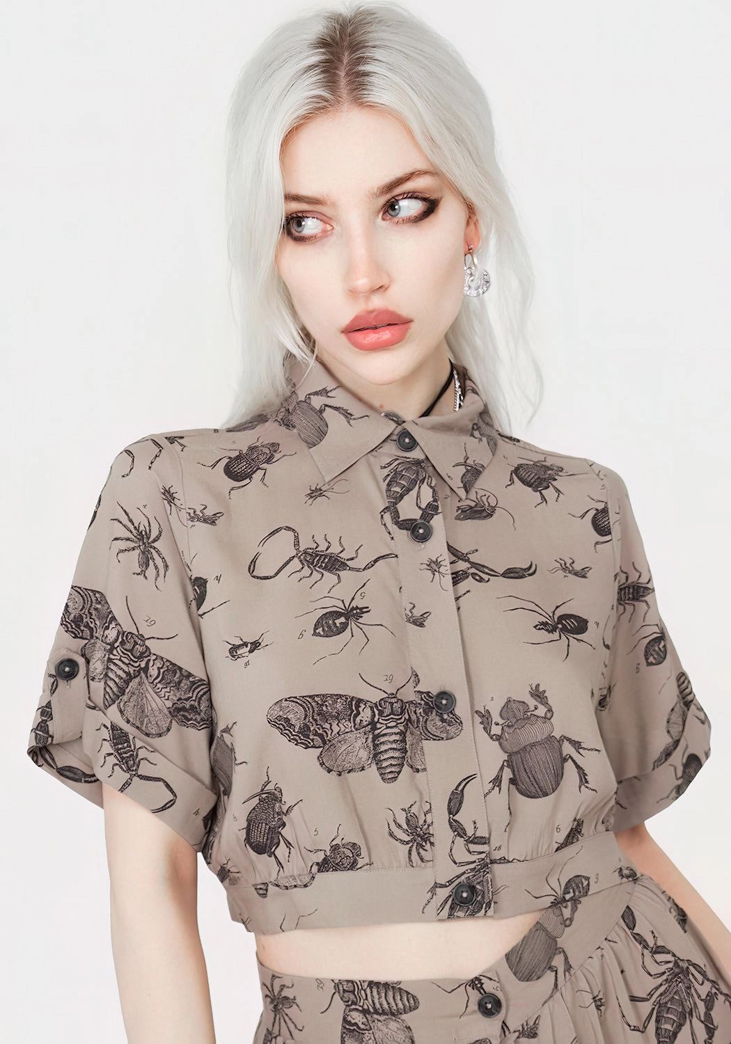 Parasite Bugs Print Crop Short Sleeve Shirt - Taupe Tops Womens - women's blouses clearance