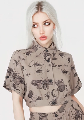 Parasite Bugs Print Crop Short Sleeve Shirt - Taupe Tops Womens - women's blouses clearance