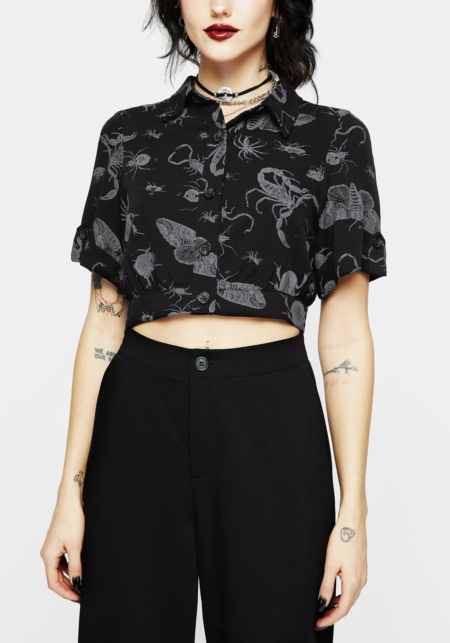 Parasite Bugs Short Sleeve Crop Shirt - Black Tops Womens - women's blouses clearance
